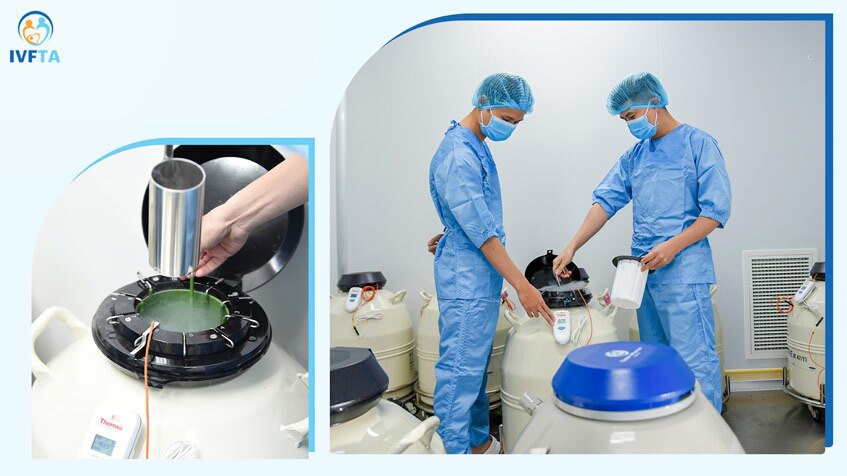 Quá trình làm đông lạnh và bảo quản phôi, giao tử trong ni tơ lỏng ở nhiệt độ cực thấp (-196°C) Quá trình làm đông lạnh và bảo quản phôi, giao tử trong ni tơ lỏng ở nhiệt độ cực thấp (-196°C)