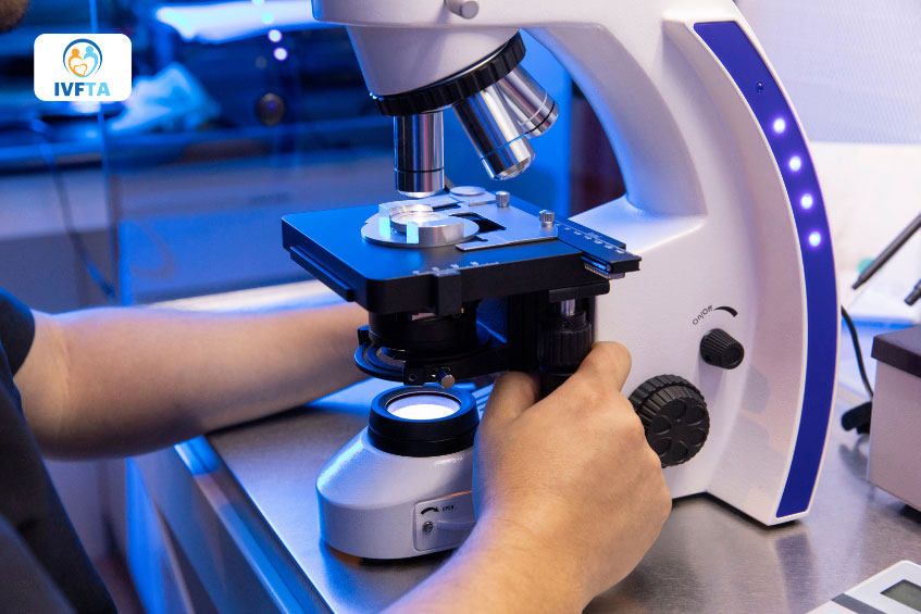 Kỹ thuật viên đang kiểm tra mẫu tinh dịch dưới kính hiển vi Kỹ thuật viên đang kiểm tra mẫu tinh dịch dưới kính hiển vi