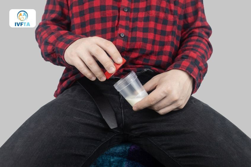 Mẫu tinh dịch được thu thập bằng phương pháp thủ dâm và xuất vào lọ đựng vô trùng Mẫu tinh dịch được thu thập bằng phương pháp thủ dâm và xuất vào lọ đựng vô trùng