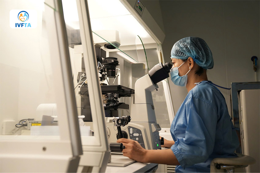 Chuyên viên phôi học thao tác trong phòng lab hiện đại