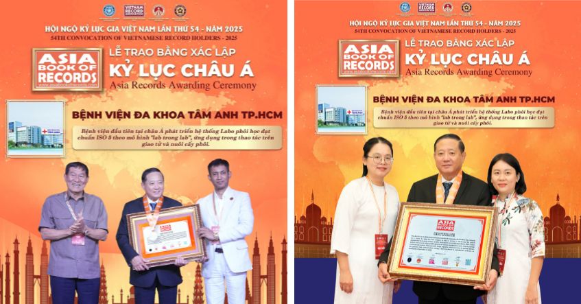 Êkíp BVĐK Tâm Anh gồm PGS.TS.BS Trần Quang Bính, ThS.BS Giang Huỳnh Như, Thạc sĩ Nguyễn Ngọc Quỳnh vinh dự nhận Kỷ lục châu Á về “Bệnh viện đầu tiên tại châu Á xây dựng thành công Hệ thống Lab phôi học đạt chuẩn ISO 5 theo mô hình ‘lab trong lab’, ứng dụng trong thao tác trên giao tử và nuôi cấy phôi”