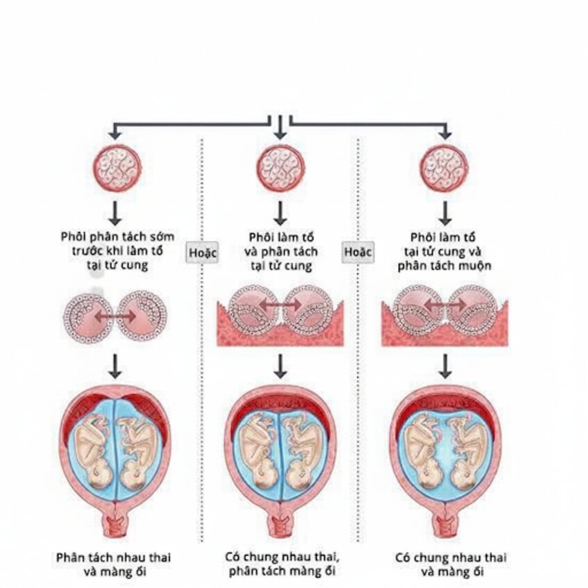 Trường hợp sinh đôi cùng trứng, 1 phôi phân tách làm 2 ở các giai đoạn khác nhau Trường hợp sinh đôi cùng trứng, 1 phôi phân tách làm 2 ở các giai đoạn khác nhau